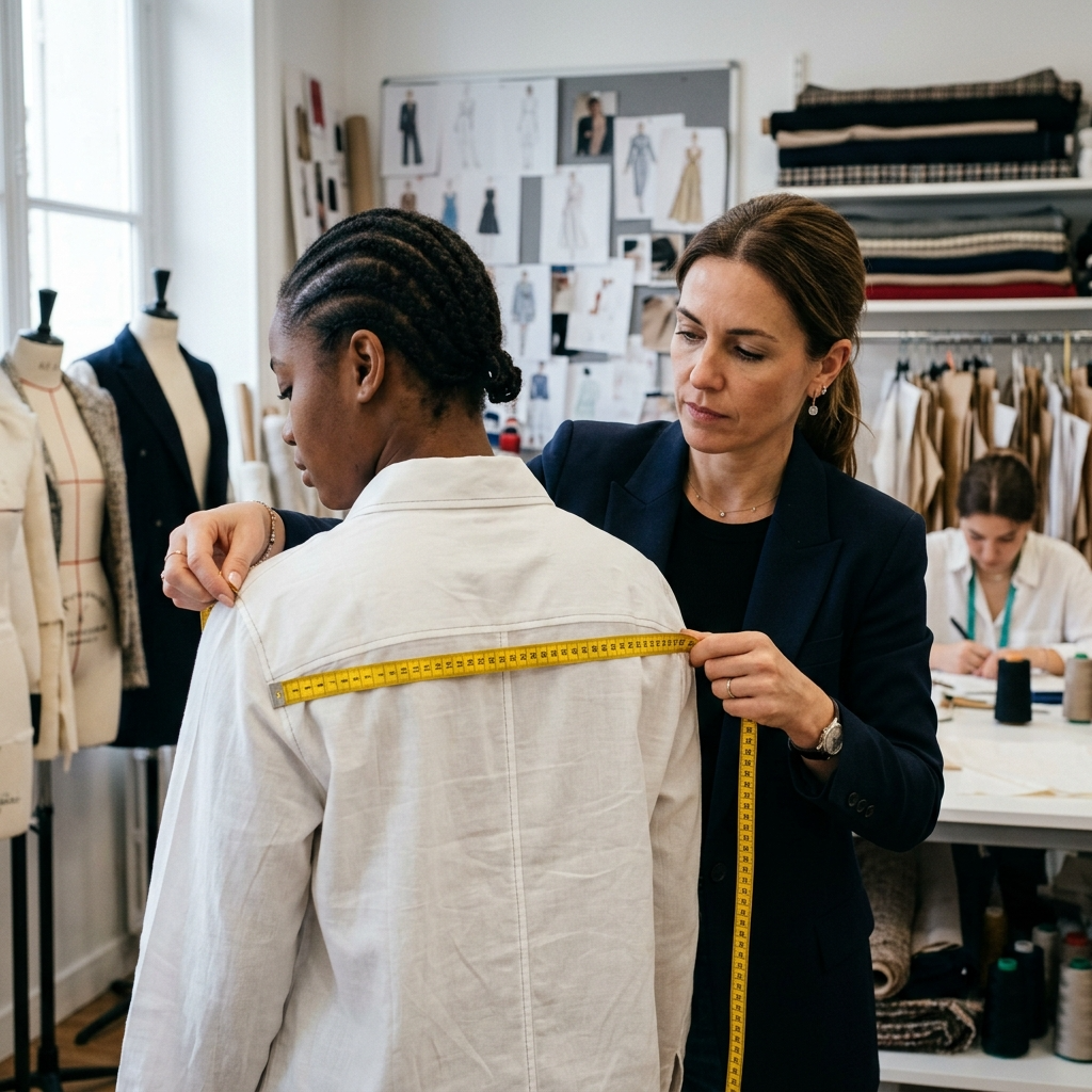 Especialista da Escola de Moda Paulistana tirando medidas técnicas de entre cavas e costas para modelagem sob medida.