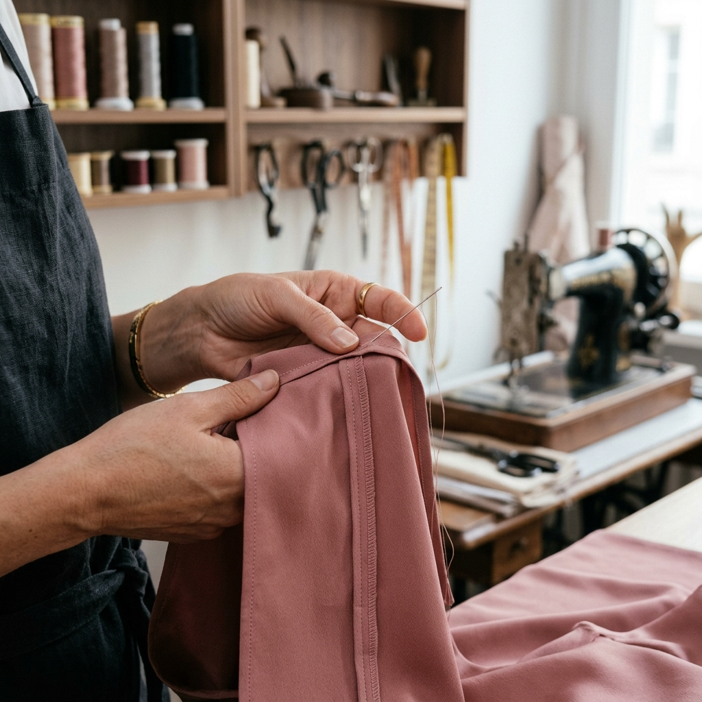 Detalhe técnico de costura francesa embutida e barra invisível em tecido fino, padrão de acabamento da Escola de Moda Paulistana.