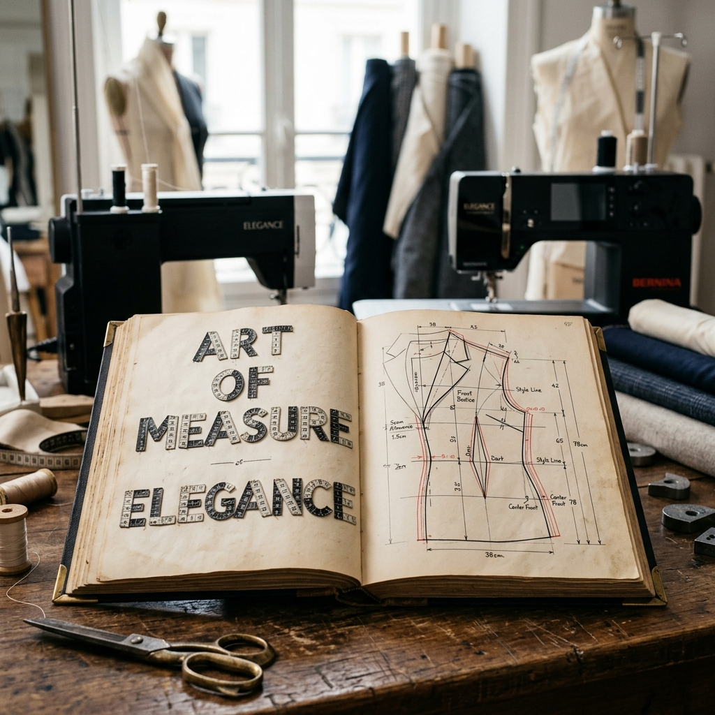 Fita métrica, moldes técnicos e livros de costura representando a base essencial do aprendizado de Corte e Costura na Escola de Moda Paulistana.