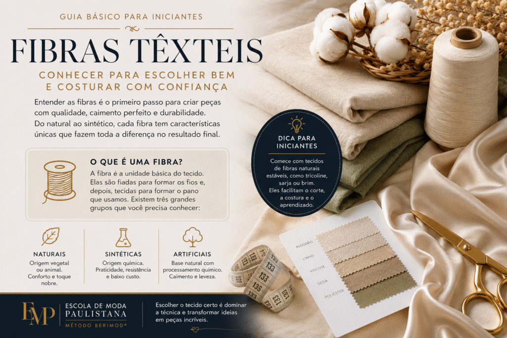 Infográfico sobre fibras têxteis mostrando fibras naturais, sintéticas e artificiais, com amostras de tecidos, linha de costura e materiais utilizados em cursos de moda e costura.