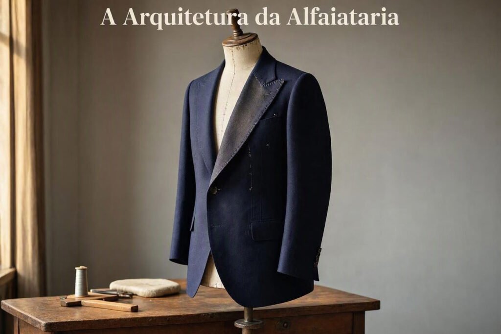 Paletó de alfaiataria masculina em manequim destacando a construção tridimensional da peça