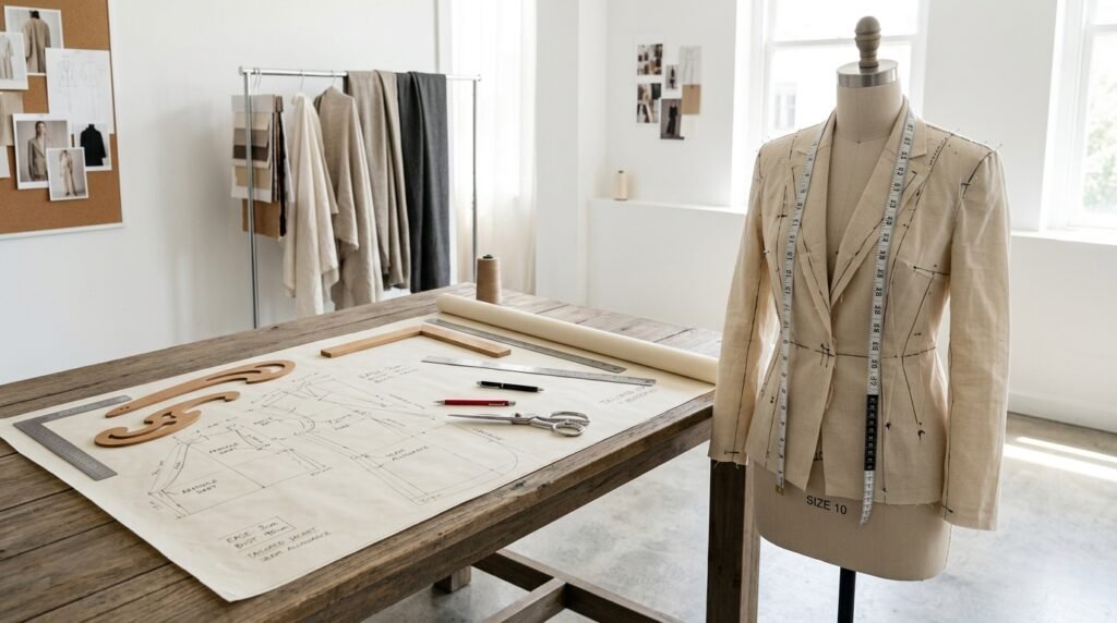 Mesa de ateliê com traçado técnico de modelagem plana, réguas e manequim com protótipo em morim demonstrando folga de vestibilidade e caimento perfeito.