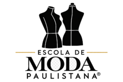 Logotipo da Escola de Moda Paulistana® com dois bustos de alfaiataria em preto e linhas brancas de modelagem.